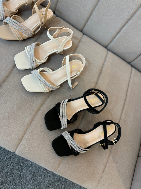 Women Luxury Rhinestone Decor Open Toe Buckle Straps
